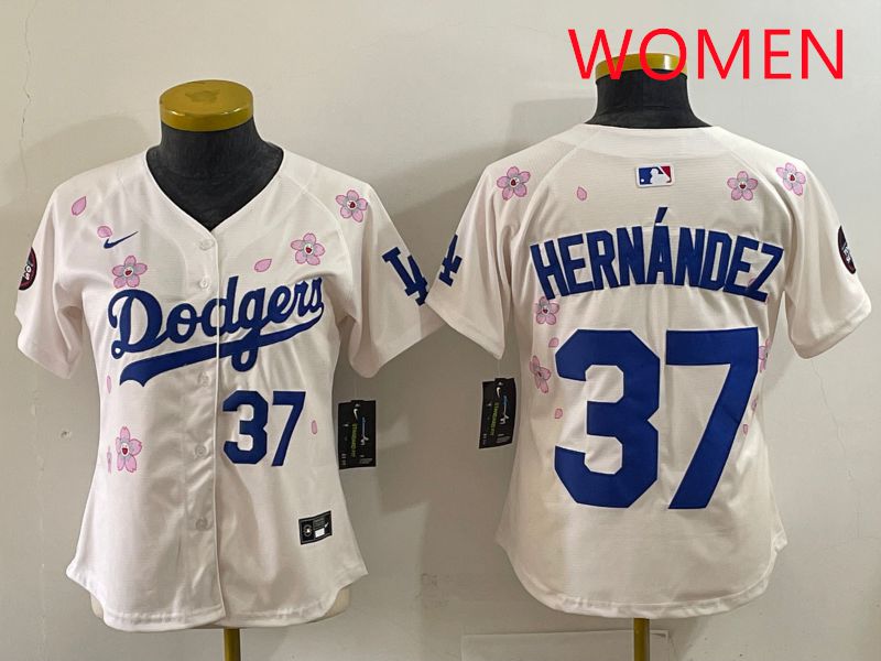 Women Los Angeles Dodgers 37 Hernandez Cream Sakura Edition 2025 Nike MLB Jersey style 32